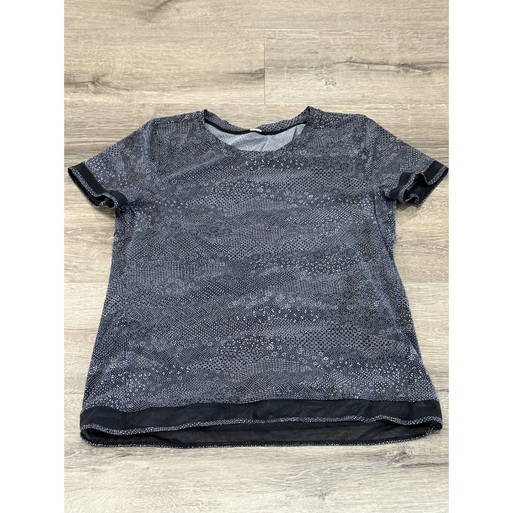 Lululemon Short Sleeve Split Back Mesh Trim Athletic Top Black White Dot Print